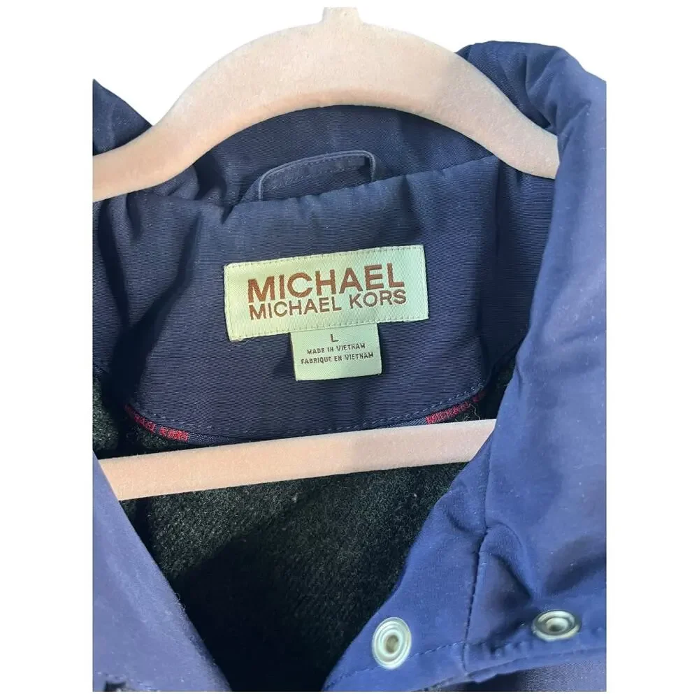 Michael Kors wool blend long quilted filled rain jacket overcoat snap blue Large
